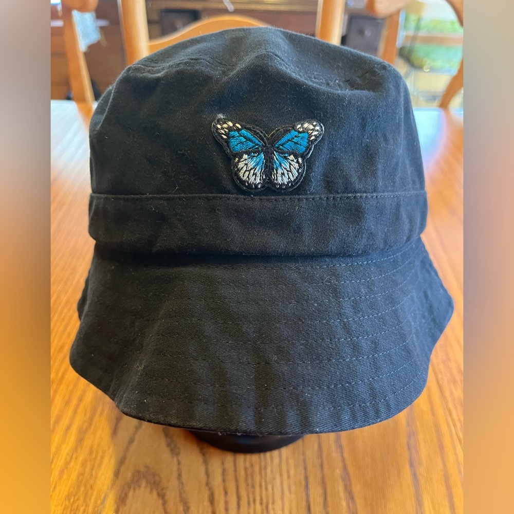 Women’s Black Bucket Hat with Blue Butterfly Patch
